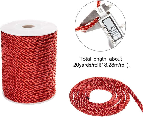 PH PandaHall 20 Yard Red Silk Rope 3-Ply Christmas Cording 5mm Twisted Cord Rope Nylon Twisted Cord Trim Braided Twisted Rope for Bracelet Necklac...
