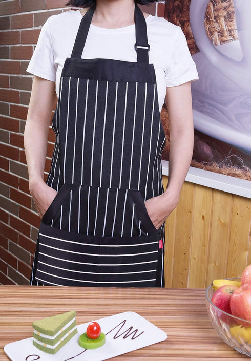 Kitchen Cooking Apron for Women and Men, Adjustable Chef Bib Apron with Pockets - 32" x 28" - Black/White Pinstripe- 1 Pcs...