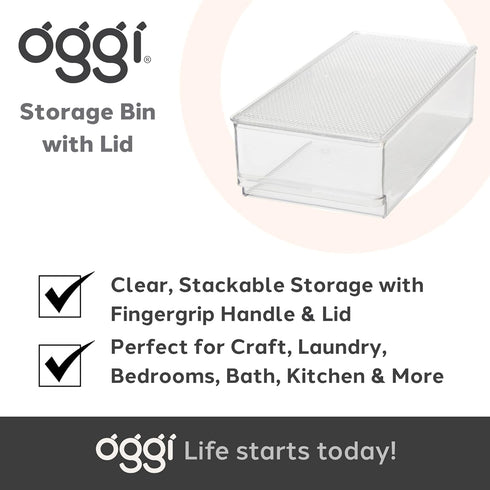 Oggi Clear Stackable Storage Bin with Lid - Ideal for Kitchen, Pantry, Cabinet, Bathroom, Bedroom, Kids, Refrigerator, Freezer. With Handles - Org...