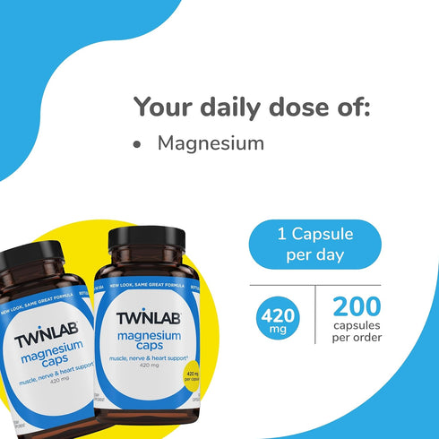Twinlab Magnesium Caps - High Absorption Magnesium Supplement to Support Leg Cramps Relief - Magnesium Capsules for Stress Relief, 420 mg, 100 Cou...