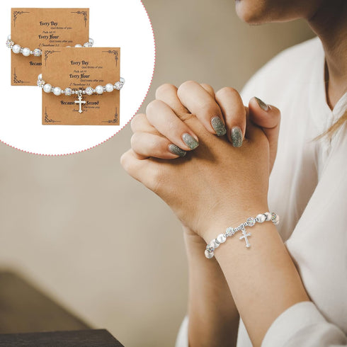 12 Pcs Christian Gifts for Women Men Baptism Gifts Cross Bracelet Rhinestone Charm Pearl Bracelet Religious Catholic Gifts Christian Religious Cro...