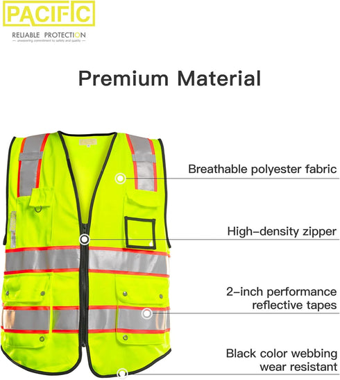 PACIFIC 10 Pockets Safety Vest for Men, 3M High Visibility Reflective Strips with Pockets and Zipper, ANSI Class 2, Yellow, Medium...