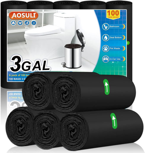 Small Bathroom Trash Bags AOSULI 3 Gallon/10 Liter Trash Can Bags,100 Counts Plastic Waste Basket Bags,Small Black Garbage Bags for Bathroom Can, ...