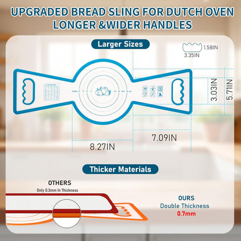 Silicone Bread Sling for Dutch Oven, 2Pcs Bread Baking Mat, 0.7mm Sourdough Bread Baking Supplies, Upgraded Bread Sling with Long Exclusive Handle...