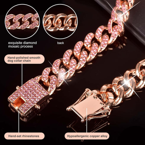 Dog Chain Collar Diamond Link Dog Collar Walking Dog Necklace Metal Cat Chain with Secure Buckle Pet Crystal Collar for Small Medium Large Dogs Ca...