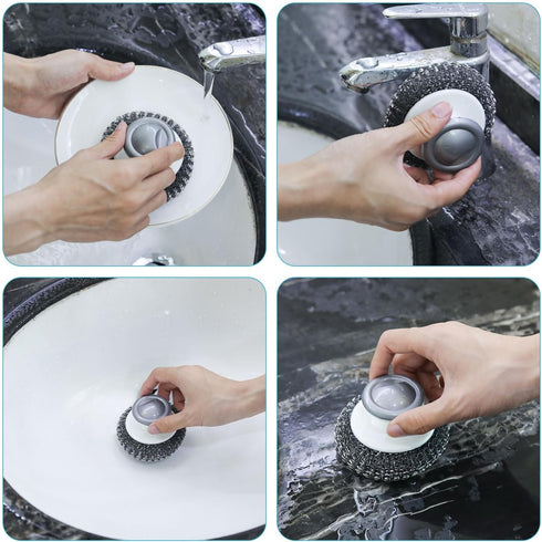 2 Pcs Steel Wool Scrubber with Handle, Heavy Duty Hand Pot Scrub Brush Stainless Steel Scouring Pad Steel Cleaning Kit, Easy to Remove Stains Kitc...