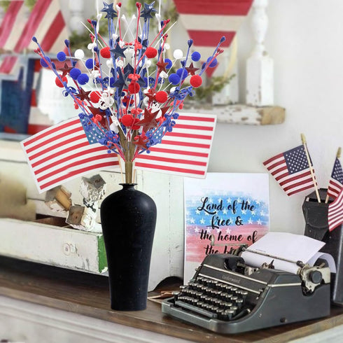 Zerzsy 2pcs Patriotic Berry Picks, Artificial Berry Stems 18" Red Blue Star Floral Picks for Floor Vase Decor, Faux Fur Ball Branches for Home Dec...