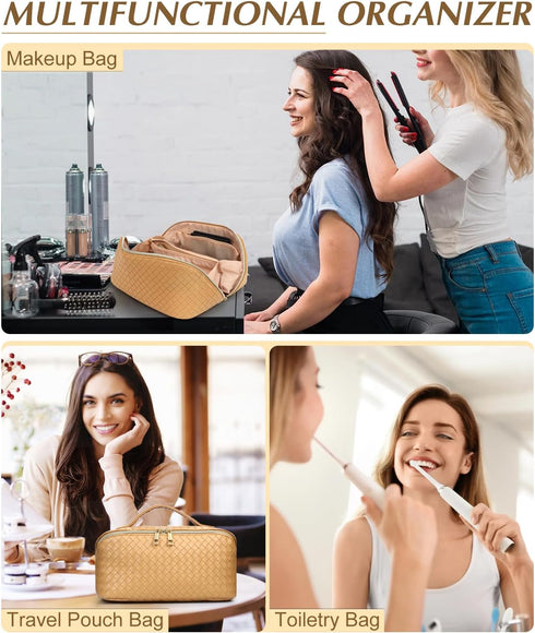 Makeup Bag Cosmetic Bag, Travel Makeup Bag Portable PU Leather Waterproof Bags with Handle Makeup Bags for Women Portable Pouch Open Flat Make Up ...