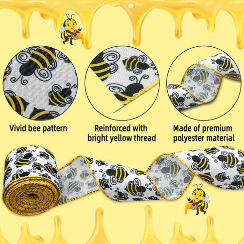 10 Yards Bee Wired Edge Ribbon Bumble Bee Burlap Ribbon Polyester Fabric Summer Bee Decorative Ribbons for Gift Wrapping DIY Craft Party Decoratio...