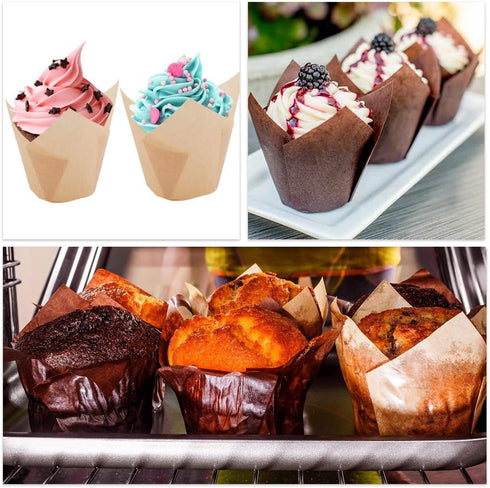 200 Pcs Brown Tulip Muffin Baking Cupcake Liners, Greaseproof, Heat-resistant, Disposable, Ideal for Weddings, Anniversaries, Birthdays...