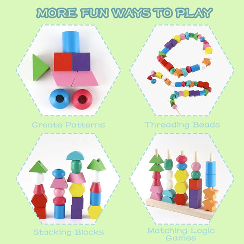 Montessori Beads Sequencing Toy Set, Wooden Stacking Blocks & Lacing Beads & Matching Shape Stacker STEM Preschool Learning Montessori Toys Gifts ...