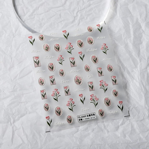 5D Embossed Flower Nail Art Stickers Spring Tulip Nail Decals for Nail Art Decoration, Self Adhesive Pink Tulip Nail Art Supplies Elegant Tulip De...