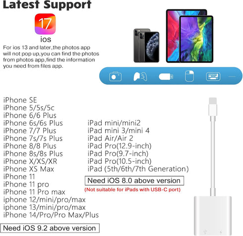 SUNTRSI USB Camera Adapter, USB Female OTG Adapter for iPhone iPad, Portable USB Adapter for iPhone with Charging Port, No Application, Plug and P...