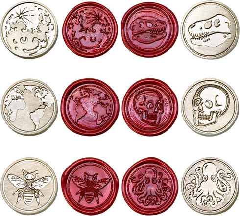 Wax Seal Stamp Kit, Set of 6 Sealing Wax Stamp with Brass Head Wooden Handle (Moon & Sun World Map Dinosaur Skeleton Bumblebee Octopus Design)...