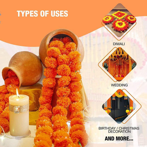 Marigold Garland for Decoration 5 feet Long Strands Artificial Marigold Flowers, Indian Décor for Pooja, Wedding Christmas, Events (Orange, 5)...