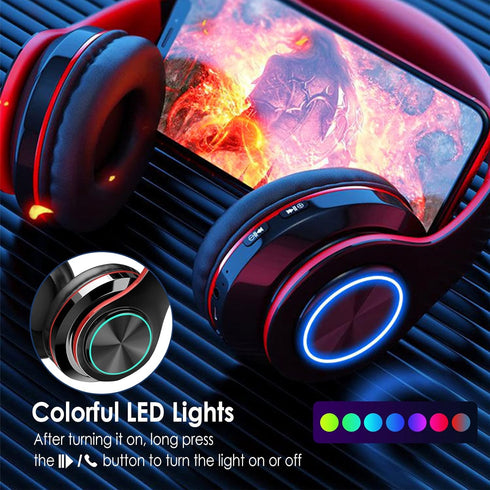 2022 Wireless Bluetooth Headphones,Colorful LED Lights Comfort Over Ear Foldable Headset with Built-in Microphone,FM,SD Card Slot,Wired for School...