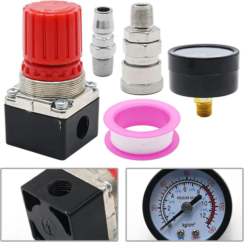 1/4" Air Compressor Pressure Regulator with Gauge 0-180 PSI Air Gauge Regulator Inline for Air Compressor and Pneumatic Tools Air Regulator (3-Way...