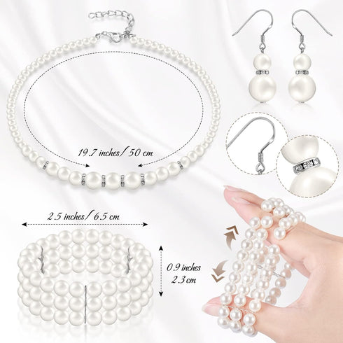 Hicarer 3 Pack Pearl Jewelry Set 1920s Pearl Necklace Bracelet Earrings Simulated Faux Pearl Jewelry Set for Wedding Costume Jewelry for Women...