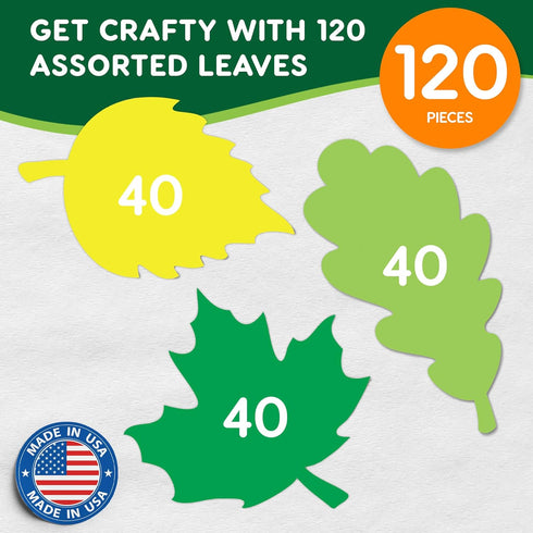 120 Pieces Spring Leaf Paper Cutouts with IDEA GUIDE, 2-Sided US Made Card Stock Punch Out Maple, Oak, and Birch Leaves for Bulletin Boards, Class...