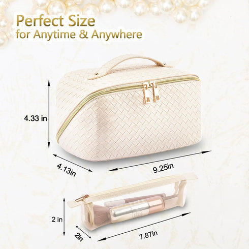 Large Capacity Travel Makeup Bag: Portable Cosmetic Bag for Women Open Flat Makeup Bag Organizer with Handle & Divider Make up Pouch Checkered Pu ...