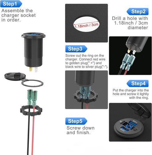 12 Volt USB Outlet Dual Quick Charge 3.0 Port and PD3.0 USB C Car Battery Chargers Socket, Waterproof 12V Power Outlet Cigarette Lighter Replaceme...