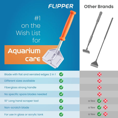 FL!PPER Flipper Platinum Aquarium Algae Scraper (10” Rigid Shaft) - Aquarium Glass Cleaner Tool with Serrated Blade - Algae Remover for Fish Tank ...
