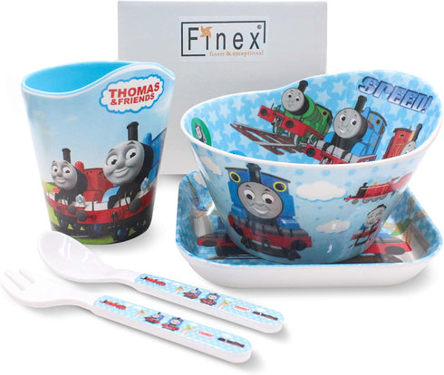 Thomas Transport Fans 5 Pcs Set Cartoon Durable Tableware Meal Dishes Mealtime Food Feeding Eating Set includes Dinner Serving Bowl Plate Cup with...