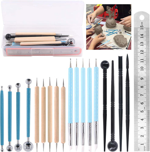 Glarks 19Pcs Carving Modeling Clay Sculpting Tools Set Including Plastic Modeling Tools, Ball Stylus, Silicone Tip Pens, Dual-end Dotting Clay Too...