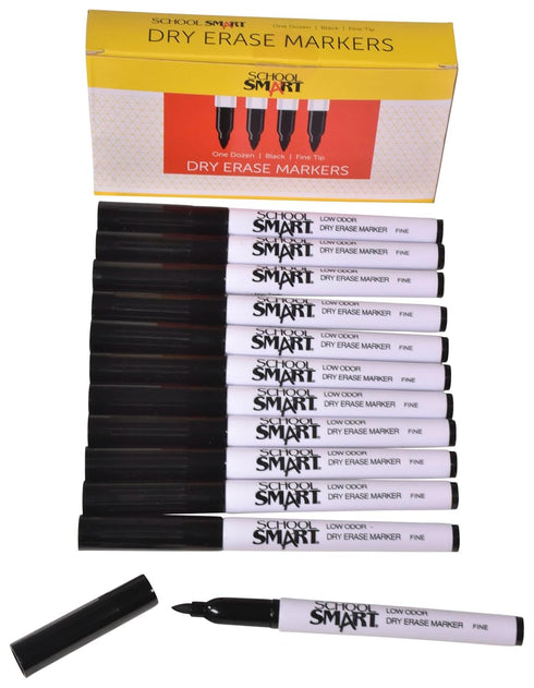 School Smart Dry Erase Pen Style Marker, Fine Tip, Black, Pack of 12 - BY1076-12BLACK...