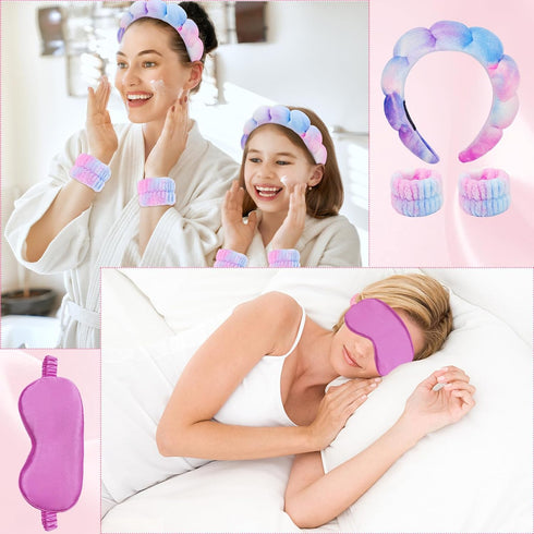 CAVETEE Spa Headband With Sleep Eye Mask Set, Spa Party Decorations Bubble Headband Thick Sponge Headband with Strong Water Absorption for Makeup ...