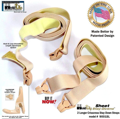 Hold-Up Brand Crisscross Fitted Sheet Strap Stay-Downs with US Patented Gripper Clasps...