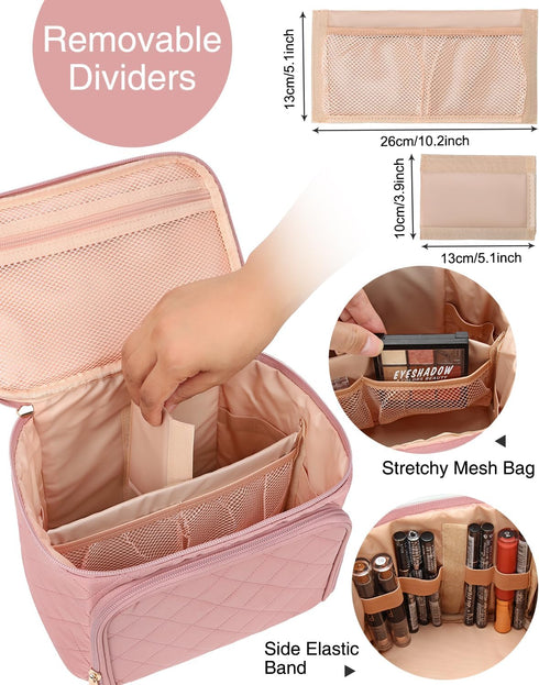 Relavel Makeup Bag, Large Makeup Bag Organizer, Travel Cosmetic Bag with Adjustable Dividers for Women, Washable Train Case with Makeup Brush Hold...
