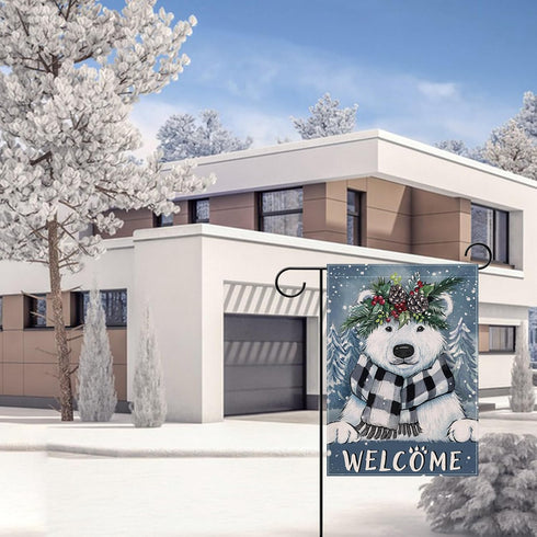 Welcome Winter Polar Bear Small Decorative Garden Flag, Buffalo Plaid Check Scarf Pine Tree Yard Lawn Outside Decor, Snowy Christmas Farmhouse Bur...