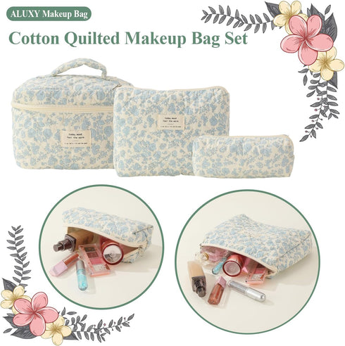 3 Pcs Cotton Quilted Makeup Bag Set, Floral Cotton Cosmetic Bag, Cute Makeup Bag, Aesthetic Toiletry Travel Organizer Bag for Women Girls (A)...