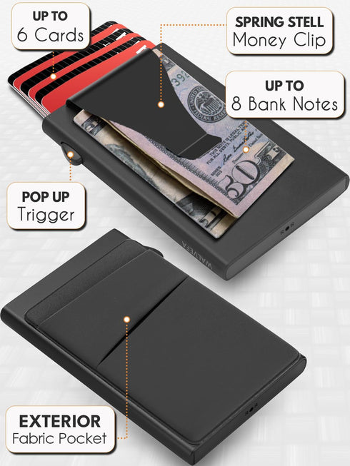 Pop Up Card Holder Wallet - Minimalist Slim Stealth Wallet for Men - RFID Blocking Mens Wallet with Money Clip Cash Pocket - Aluminum Metal Push B...