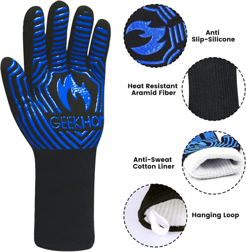 GEEKHOM BBQ Grill Gloves,1472? Heat Resistant Oven Gloves, EN407 Certified 13 Inch Flexible Barbecue Mitts Good Grip for Smoker, Baking, Cooking, ...