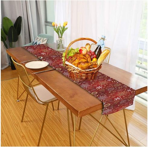 Christmas Winter Snowflake Table Runner 13x90 Inches Double Sided, Luxurious Gold Red Snowflakes Table Runners Cloth Placemats Washable Fabric for...