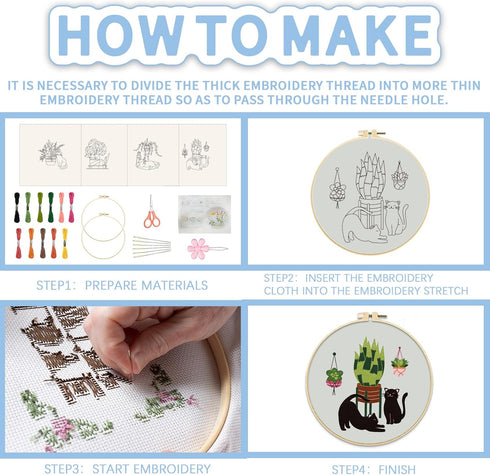 FREEBLOSS 4 Set 8'' Embroidery Kit for Beginners Cats&Plants Pattern Embroidery Kit with Instructions Full Kit of Embroidery Cloth 2 Embroidery Ho...