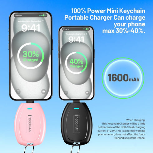2-Pack Keychain Portable Charger for iPhone, 1600mAh Mini Power Emergency Pod Ultra-Compact External Power Bank Battery Pack, Key Ring Cell Phone ...