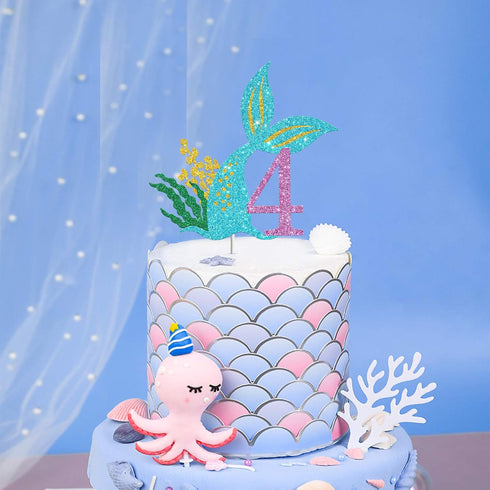 Mermaid Four Cake Topper, Happy 4th Birthday Cake Decor, I'm Four Sign, Little Mermaid Birthday Party Decoration Supplies, Daughter of the Sea, Un...