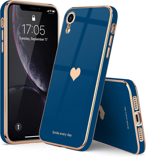 Teageo Compatible with iPhone Xr Case for Women Girl Cute Love-Heart Luxury Bling Plating Soft Back Cover Raised Full Camera Protection Bumper Sil...