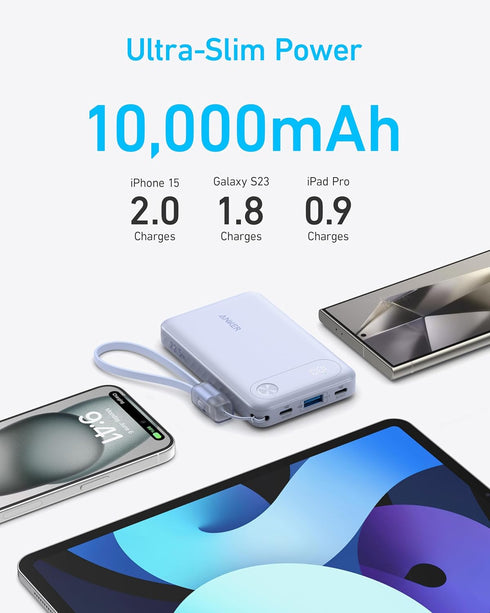 Anker Power Bank, 10,000mAh Portable Charger with Built-in USB-C Cable and Lanyard, 22.5W Max Output with 2 USB-C and 1 USB-A Port, Battery Pack f...