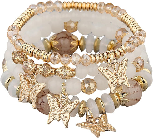 Bohemian Bracelets for Women Gold Beaded Stackable Stretch Bracelet Set Butterfly Elastic Multilayer Colorful Charm Bracelets Summer Beach Jewelry...