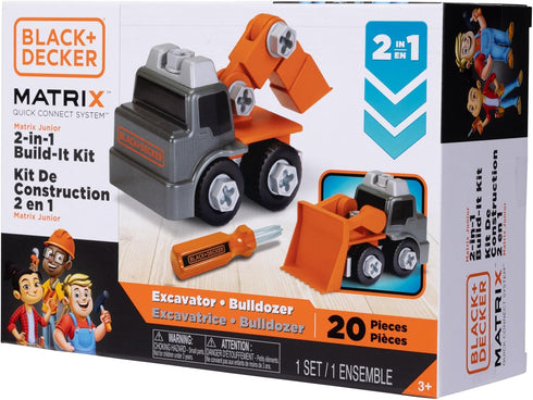 Black+Decker Matrix Jr.Kids Boys Play Tools 2-in-1 Build-It Kit: Excavator and Bulldozer 20 Piece Playset...