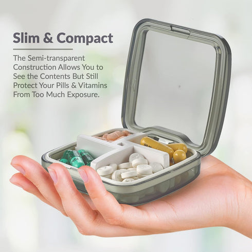 Compact Pill Box Organizer - Portable Waterproof Medicine Organizer and Daily Pill Container with Removable 4 Compartment Divider - Durable ABS Si...