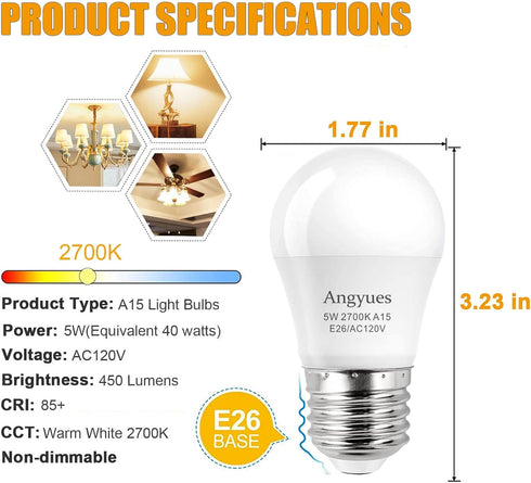 LED Bulb 120V 40W Equivalent Light Bulb, A15 LED Bulb Warm White 2700K Energy Saving Bulb, E26 Medium Screw Base Suitable for Domestic Bulbs 4 Pac...