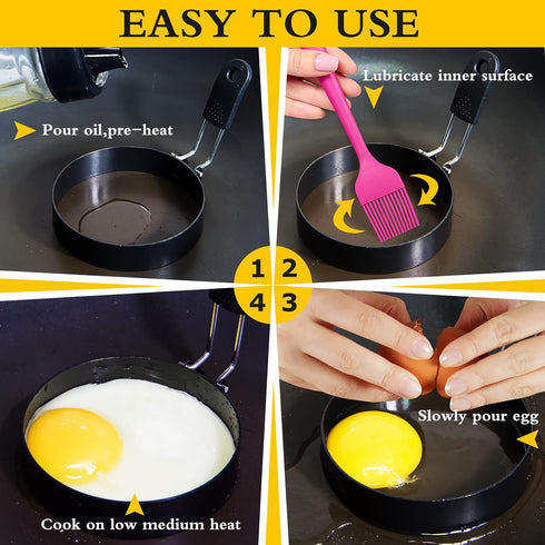 4'' Round+Square Egg Rings Set with Silicone Handle, Stainless Steel Egg Cooking Rings?Nonstick?For Frying Eggs and Egg Mcmuffins, Egg Mold For Br...