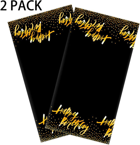 Aneco 2 Pack Happy Birthday Table Cloth Cover Black Gold Party Durable Tablecloth 54 x 108 Inches for Parties Birthdays Weddings...