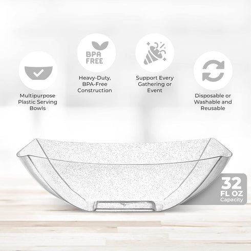 Posh Setting Square Plastic Serving Bowls, Medium Silver Glitter Plastic Serving Bowls, 4 Pack Plastic Disposable Party Snack, Buffet, Chips, or S...
