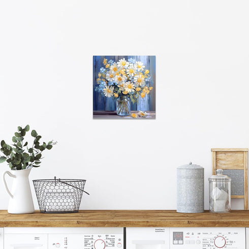 CCWACPP Bathroom Floral Wall Art Daisy Yellow and White Flowers in Bottle Canvas Picture Print Rustic Farmhouse Bedroom Home Decor Frame (12x12inc...